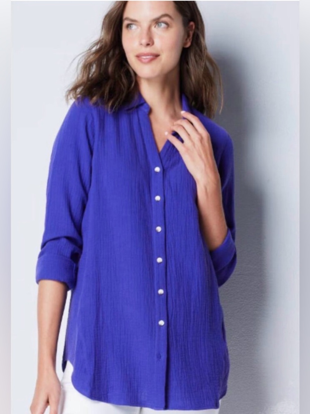 J. Jill NWT Cotton Gauze Button-Down Tunic w High-Low Rounded Hem Royal Purple S